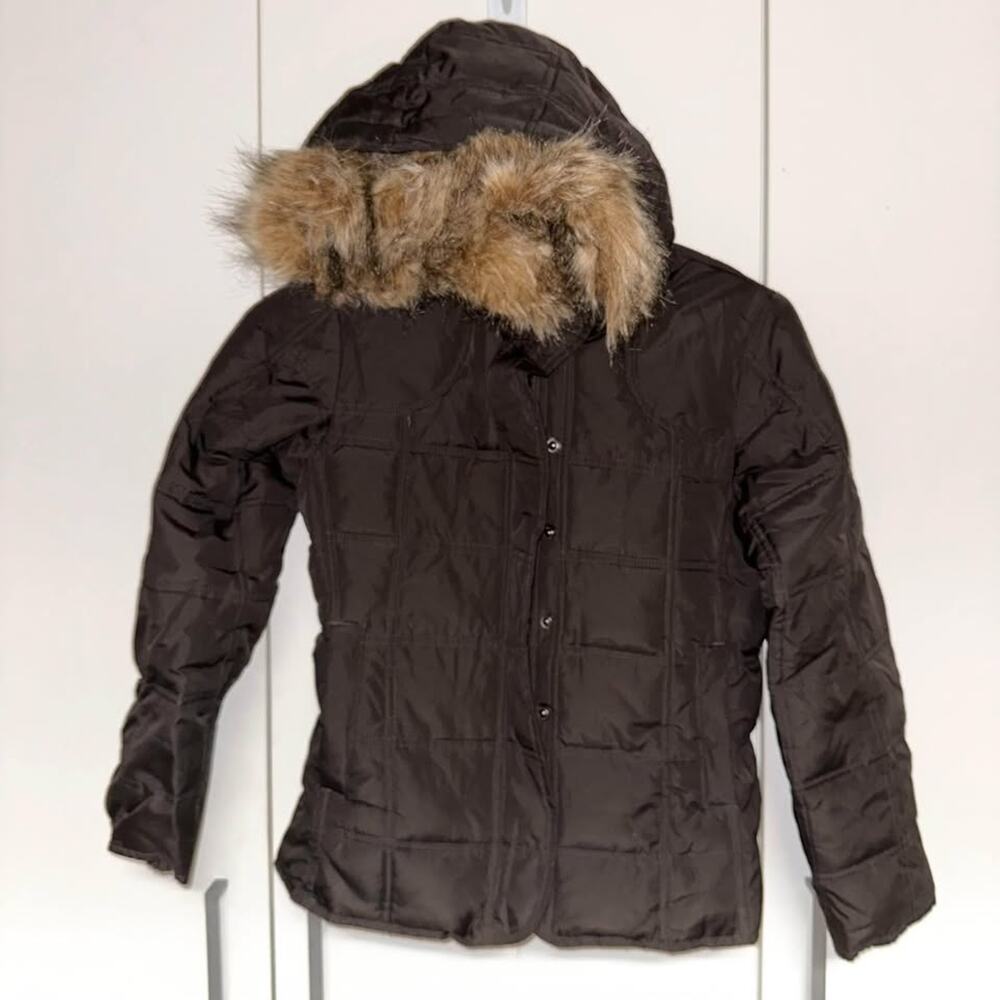 GIRLS Sz Medium GAP Jacket Winter Puffer with attached Fur Hood - Black